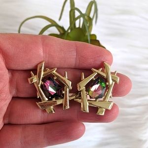 VTG SARAH COVENTRY CHINESE MODERN HELIOTROPE WATERMELON RHINESTONE EARRINGS